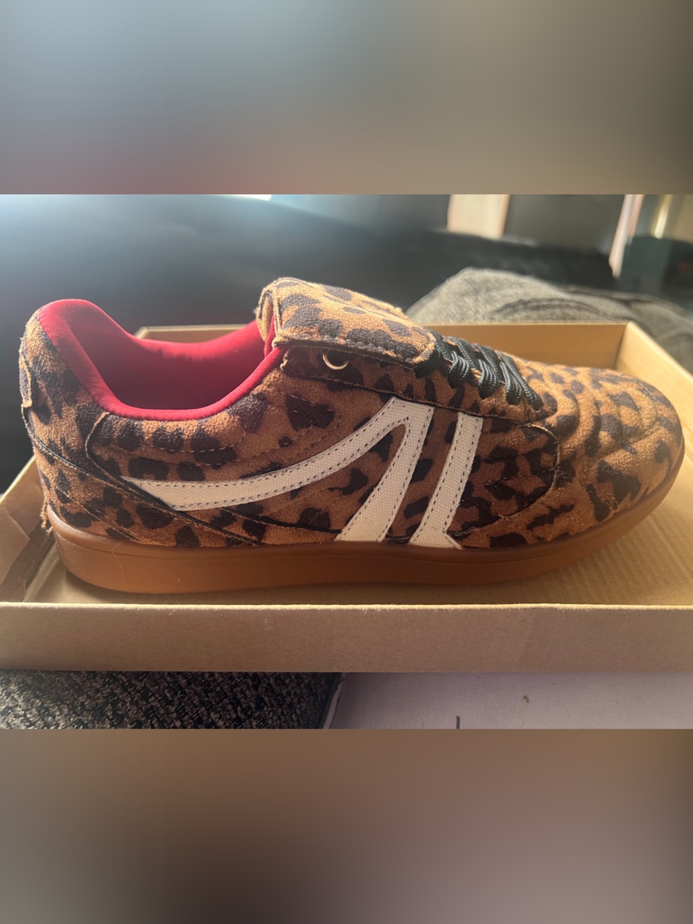 Steve Madden Leopard Print Sneakers with White Stripes and Red Lining